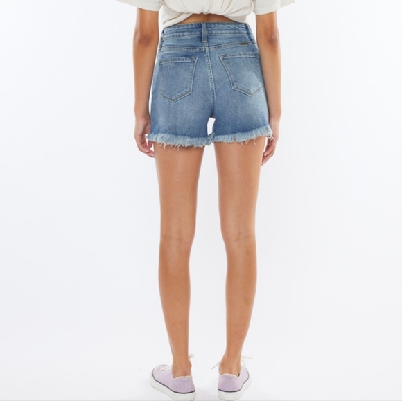 KanCan High Rise Waist Distressed Torn Denim Cut-off Frayed Hem Blue Jean Shorts - Picture 15 of 15